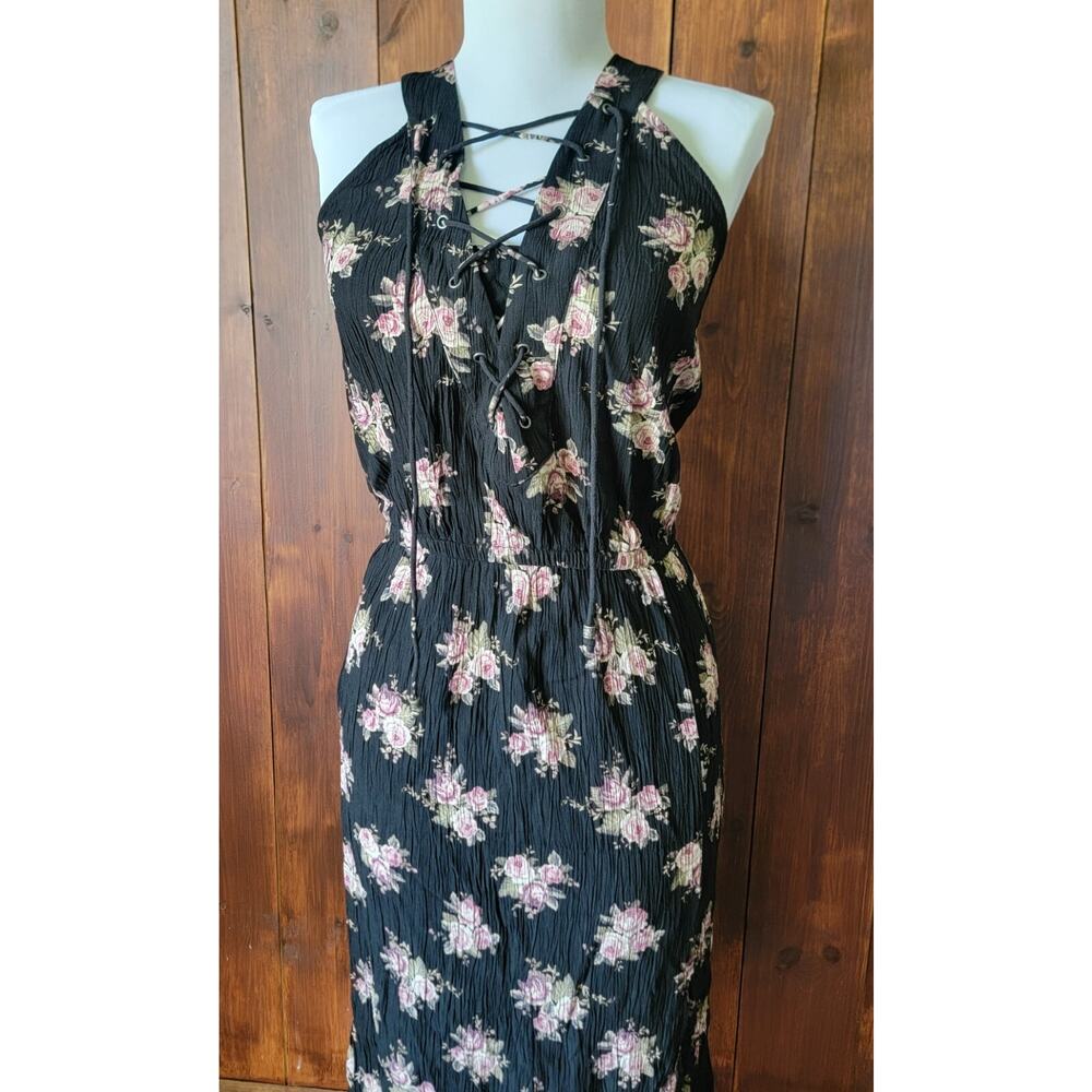 American Eagle Women Sm. Maxi Dress Black Floral Cottagecore Sleeveless Keyhole